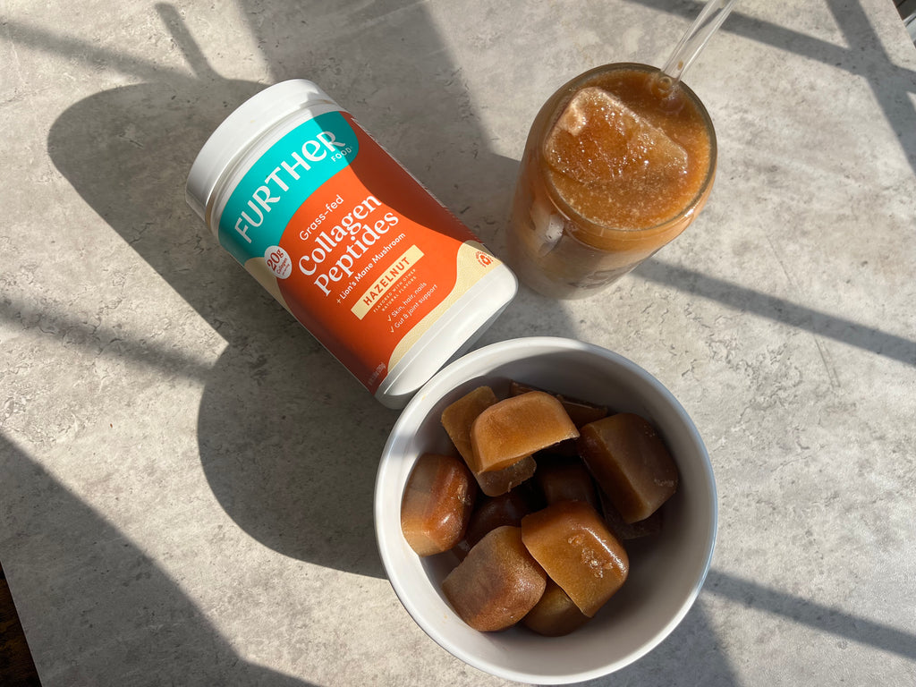 Hazelnut Collagen jar plus ice cubes