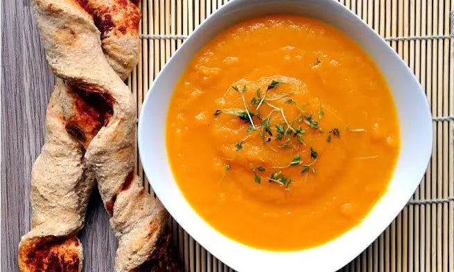 Carrot-Ginger-Citrus-Soup-with-Spiraled-Spelt-Breadsticks Further Food